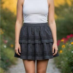 Lucky Brand Charcoal Full Tiered Skirt Embroidered eyelet Cotton coquette Size L